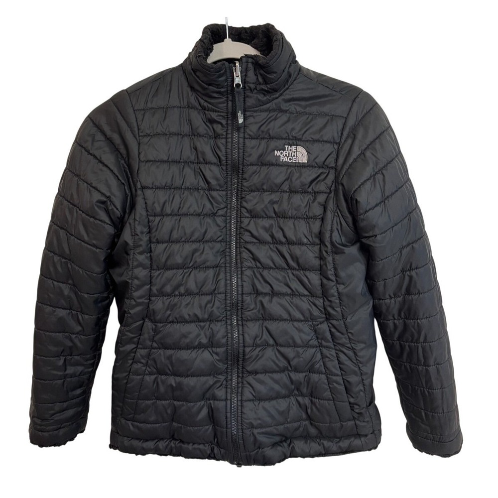 The North Face Jacket Girls Large Black Reversible Fleece Puffer Mossbud Swirl